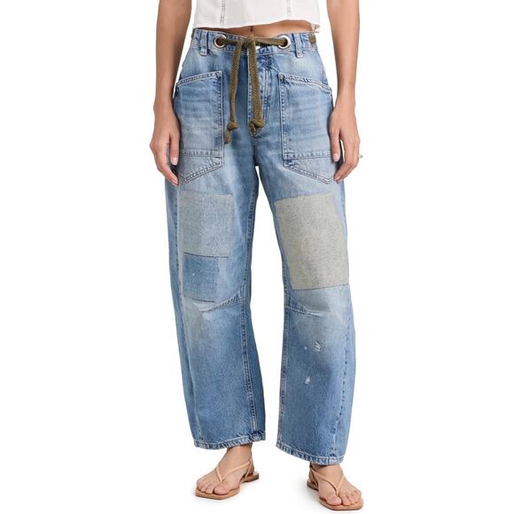 Free People Denim - Free People Light Blue Patchwork Wide-Leg Denim with Olive Drawcord